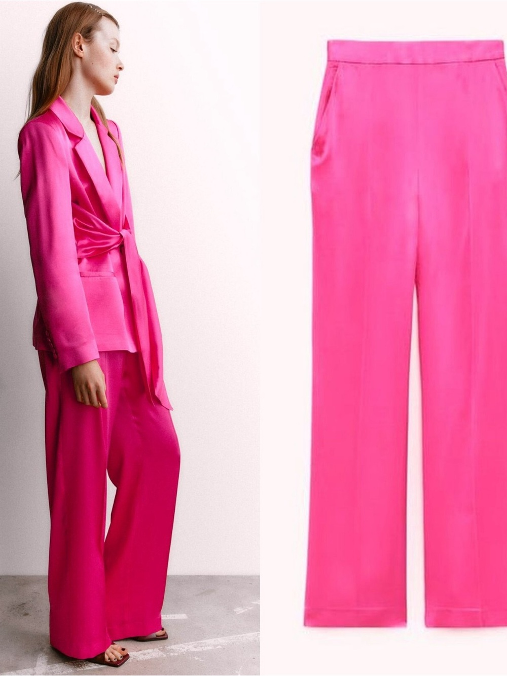 ZARA hot pink sateny wide leg trouser